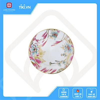 Đĩa bằng sứ Long Phương họa tiết bông lau hồng mạ viền vàng