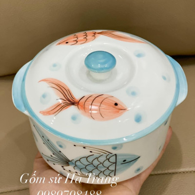 Thố chưng yến gốm sứ Bát Tràng cao cấp vẽ tay hoạ tiết cá dung tích 600ml