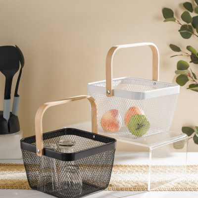 Giỏ lưới kim loại quai xách gỗ đa năng_ hàng nhập khẩu chính hãng.