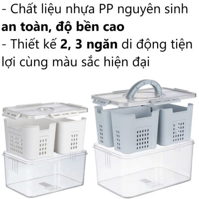 Bộ hộp rổ trong HOKORI nhựa VIỆT NHẬT cao cấp - 2 ngăn, 3 ngăn, tách nước - Thực phẩm tủ lạnh - Hàng Việt Nam