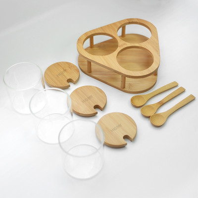 Bộ 3 hũ đựng gia vị thuỷ tinh chịu nhiệt khay gỗ tam giác