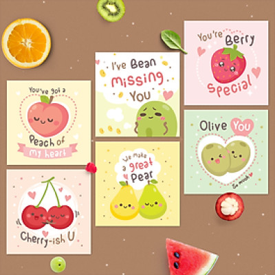 Set 6 thiệp tình yêu, valentine, tỏ tình, cặp đôi SDstationery FRUITY 2x12 minh họa trái cây dễ thương cute thông điệp tiếng Anh vui nhộn