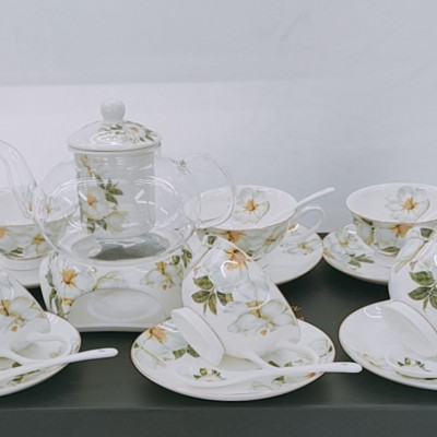 BỘ ẤM THỦY TINH PHA TRÀ HOA KÈM 6 CỐC KHAY VÀ THÌA SỨ XƯƠNG CAO CẤP - VD58