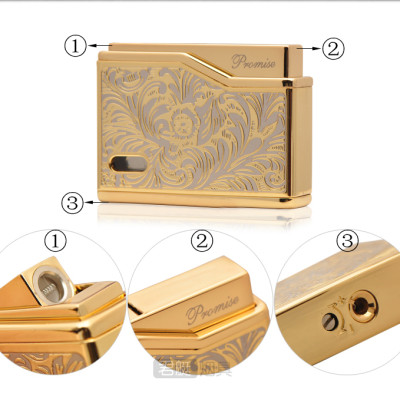 Vỏ Hột Quẹt Bật Lửa Gas Đá Promise BN215-A11 Thiết Kế Độc Lạ, Hoa Văn Cổ Sang Trọng Màu Vàng - Dùng Gas Đá Cao C
