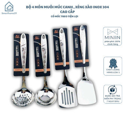  BỘ DỤNG CỤ NHÀ BẾP INOX 4 MÓN – MUỖNG CANH, MUÔI THỦNG, XẺNG XÀO, XẺNG THỦNG – CÓ MÓC TREO TIỆN DỤNG - HÀNG CHÍNH HÃNG MINIIN