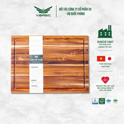 Thớt gỗ Teak Vibasic có khay đựng đồ, kích thước 40x30x3.8cm thái chặt băm đa năng - Hàng chính hãng Bộ Quốc Phòng sản xuất