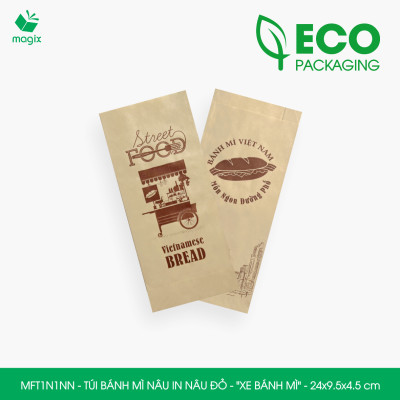 MFT1N1NN - 24x9.5x4.5 cm - 200 Túi bánh mì Nâu, in sẵn họa tiết XE BÁNH MÌ - Bao bánh mì Túi giấy thực phẩm an toàn