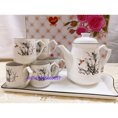 Bộ ấm chén kèm khay sứ pha trà trắng họa tiết cây và chim