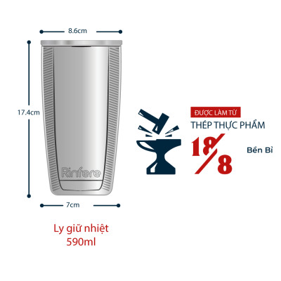Ly Giữ Nhiệt Nắp Trượt Chống Tràn Rinfere - Tặng Kèm Ống Hút Không Gỉ, Dụng Cụ Vệ Sinh Ông Hút (590ml)