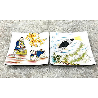 Dĩa vuông sơn mài cao cấp Thanh Bình Lê họa tiết cá chép 27x27x4 cm