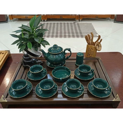 Khay Gỗ Ấm Chén Bọc Viền Đồng Nâu, Kích Thước 43x28x5.5cm