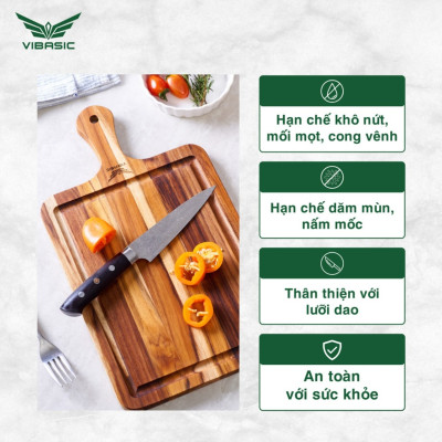 Thớt gỗ teak có tay cầm kháng khuẩn tự nhiên, bám dính tốt không mùn dăm 30x22x1.8cm cắt thái đa năng - chính hãng bộ quốc phòng sản xuất