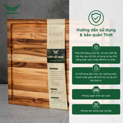 Thớt gỗ Teak Vibasic có khay đựng đồ, kích thước 40x30x3.8cm thái chặt băm đa năng - Hàng chính hãng Bộ Quốc Phòng sản xuất
