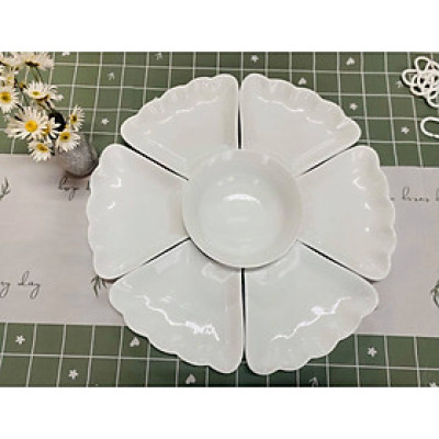 BỘ BÁT ĐĨA HOA MẶT TRỜI TRẮNG TÔ TRÒN BÁT TRÀNG