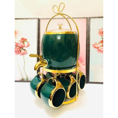 BỘ BÌNH ĐỰNG NƯỚC UỐNG, TIỆC TRÀ TRÁI CÂY SỨ CAO CẤP KHUNG  KIM LOIAJ MẠ VÀNG KÈM 6 CỐC SANG TRỌNG XANH CỔ VỊT