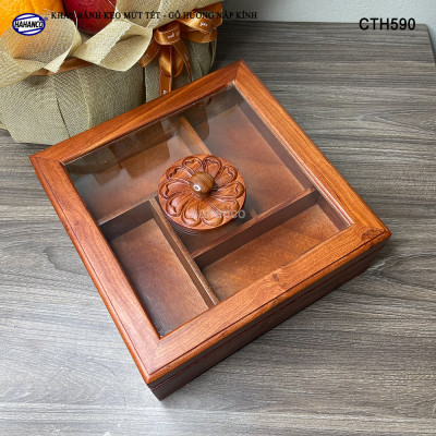 Khay Bánh Kẹo Mứt Tết Gỗ Hương Nắp Kính Vuông Trong Suốt Thiết Kế Trang Trọng - CTH590