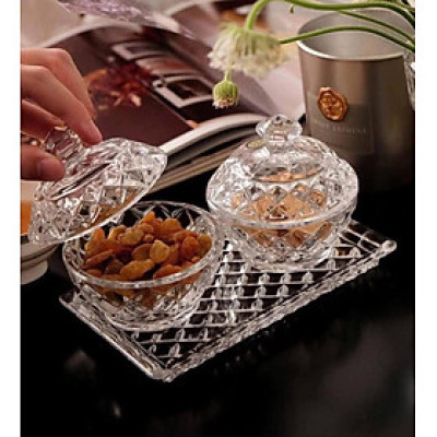 SET HŨ ĐỰNG ĐƯỜNG, BÁNH KẸO PHA LÊ 3 MÓN BOHEMIA CRYSTAL (1 đĩa + 2 thố) Hàng chính hãng