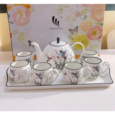 BỘ ẤM CHÉN PHA TRÀ KÈM KHAY SỨ HOA TIẾT HOA ( GIAO NGẪU NHIÊN )