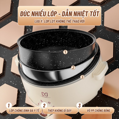 Nồi Lẩu Điện MANDELI Hiệu Suất Lớn 1000W Dung Tích 4L, Kèm Sửng Hấp Inox Lẩu, Chiên Dán Xào Đa Năng