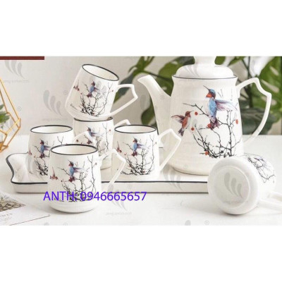 Bộ ấm chén kèm khay sứ pha trà trắng họa tiết cây và chim
