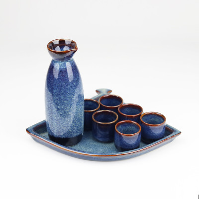 Bộ Sake gốm sứ men hỏa biến Bát Tràng cao cấp-300ml- Đĩa quạt