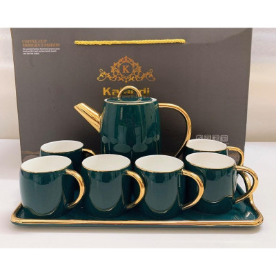 Bộ ấm chén kèm khay sứ xương cao cấp màu xanh 