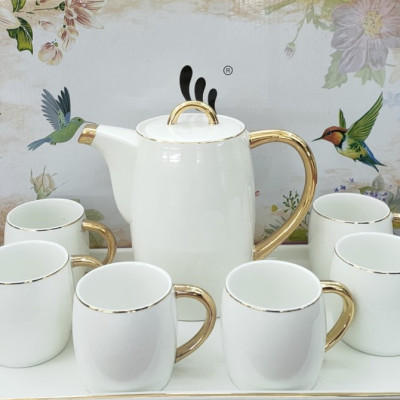 Bộ ấm chén kèm khay sứ camelia pha trà cà phê màu trắng - ANTH467