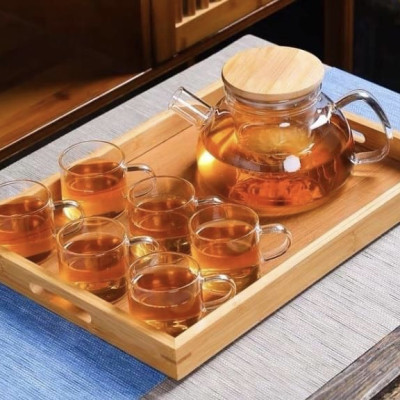Bộ bình trà thủy tinh nắp gỗ  6 cốc kèm khay tre - ANTH591