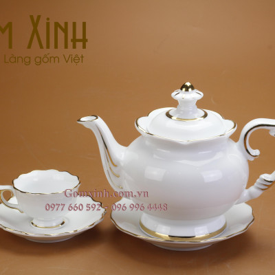 Bộ ấm chén Bát Tràng_Bộ trà Phú Quý vàng kim miệng lượn