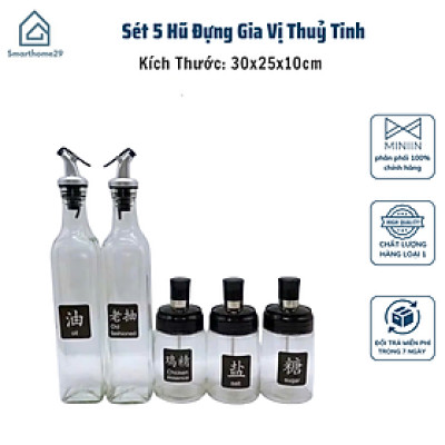 Bộ 5 Hũ Đựng Gia Vị Thủy Tinh Thông Minh (3 Hũ Gia Vị + 3 Chai Cao Nước) - HÀNG CHÍNH HÃNG MINIIN