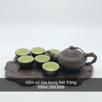 Bộ ấm chén khay lá sen Gôm sứ Bát Tràng