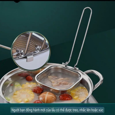  RÂY LỌC CHAO VỚT VỢT CHUYÊN DỤNG LẨU INOX SUS 304 - THÉP KHÔNG GỈ, TAY CẦM CÓ THỂ GẬP LẠI, 4 VỊ TRÍ KHÁC NHAU - CÓ CẠNH TREO XOONG NỒI TIỆN DỤNG 
