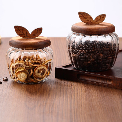 Hủ thủy tinh nắp gỗ dáng trái táo đựng trà, cà phê, các hạt và thực phẩm khô