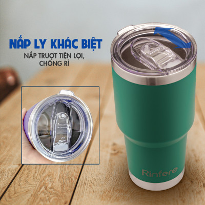 Ly Giữ Nhiệt Nắp Trượt Chống Tràn Rinfere - Khắc Tên, Tặng Kèm Ống Hút Không Gỉ, Dụng Cụ Vệ Sinh Ông Hút (900ml)
