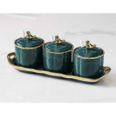 BỘ 3 HŨ ĐỰNG GIA VỊ SỨ HOA VĂN SẦN NỔI SANG TRỌNG