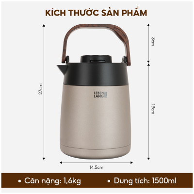 Bình Trà Giữ Nhiệt Lebenlang LBL3035, Dung Tích 1.5L - Có Cối Lọc, Mà hình hiển thị nhiệt độ, Giữ nhiệt 8h