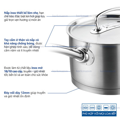 Quánh inox 18/10 Korkmaz Proline 2 lít có nắp - 16x10 cm