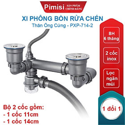 Bộ Xi Phông Chậu Rửa Bát 2 Hố Phi 11,14 Inox 304 Pimisi PXP-714-2 Xả Nước Chậu Rửa Chén 2 Hộc-1 Thoát Tràn | Chính Hãng