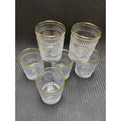 Bộ 6 cốc thủy tinh trắng viền vàng uống nước, trà cà phê hoa văn tròn cao cấp