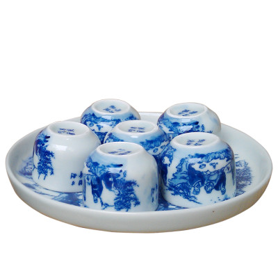 Bộ ấm chén men lam quai ngang Trúc Lâm Thất Hiền gốm sứ Bát Tràng (bộ bình uống trà, bộ bình trà)