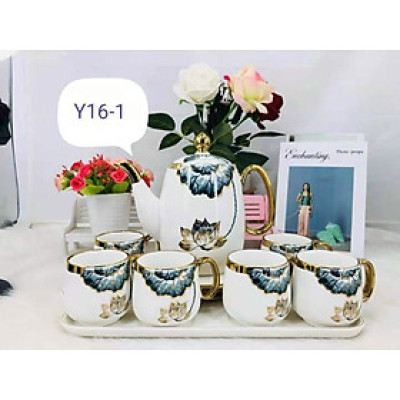 BỘ ẤM CHÉN KÈM KHAY SỨ PHA TRÀ CÀ PHÊ CAO CẤP HỌA TIẾT SEN ĐỔ - VD196