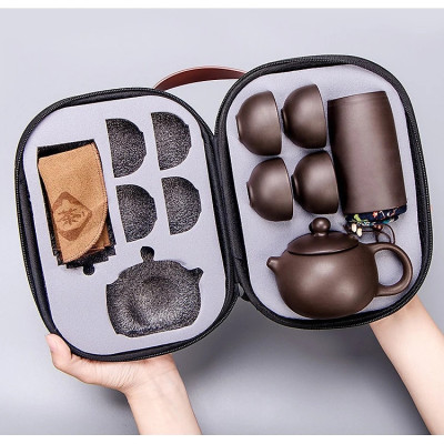 Bộ Bình Trà Tử Sa Mini Có Túi Đựng Đi Du Lịch Tiện Lợi Thích Hợp 2 - 4 Người Dùng Gồm 1 Ấm Trà, 4 Tách, 1 Bình Đựng Trà - Hàng chính hãng 