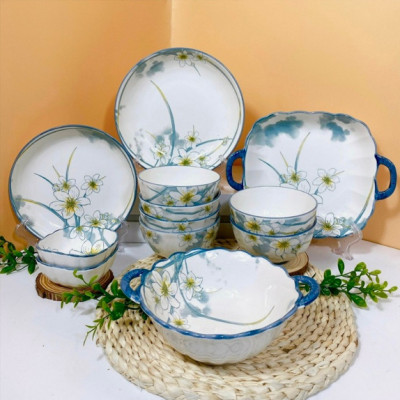 Bộ Bát Đĩa Hoa Thuỷ Tinh Thương Hiệu Gosu, Sử Dụng Được Cho Lò Vi Sóng, Máy Rửa Bát