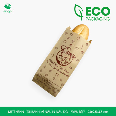MFT1N3NN - 24x9.5x4.5 cm - 500 Túi bánh mì Nâu, in sẵn họa tiết ĐẦU BẾP - Bao bánh mì Túi giấy thực phẩm an toàn
