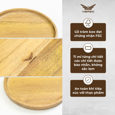 Khay gỗ keo đa năng hình tròn Vibasic, đa dạng kích thước, chụp hình decor đựng đồ trang trí