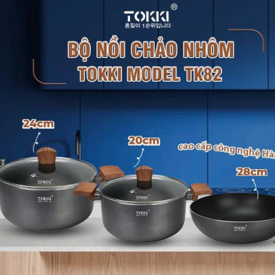 Bộ 2 nồi 1 chảo nhôm chống dính 5 lớp Tokki Hàn Quốc TK82 đáy từ gồm nồi 20cm, 24cm và chảo 28cm
