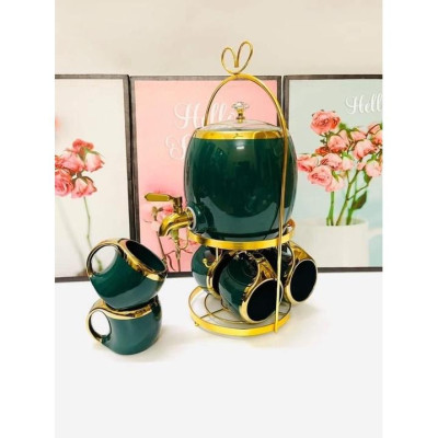 BỘ BÌNH ĐỰNG NƯỚC UỐNG, TIỆC TRÀ TRÁI CÂY SỨ CAO CẤP KHUNG  KIM LOIAJ MẠ VÀNG KÈM 6 CỐC SANG TRỌNG XANH CỔ VỊT