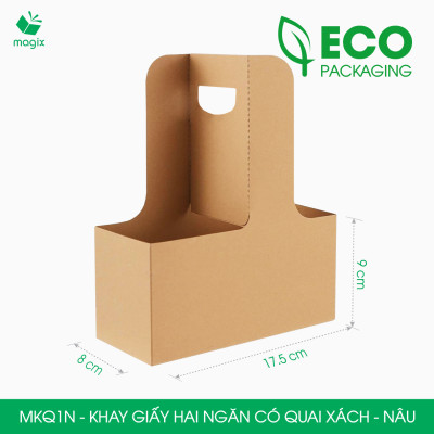 MKQ1N - 17.5x8x9 cm - Combo 100 Khay giấy 2 ngăn quai xách màu nâu siêu chắc, hộp giấy 2 ngăn chống thấm đựng ly nước, hoa và quà tặng