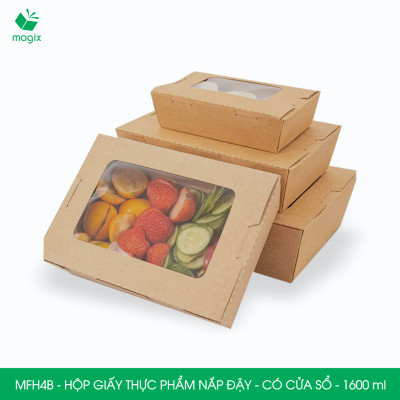 MFH4B - 1600ml - 100 hộp giấy kraft đựng thực phẩm, hộp giấy đựng thức ăn có cửa sổ, hộp đựng cơm