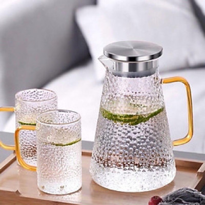 Bộ bình cốc thủy tinh sần quai vàng vuông